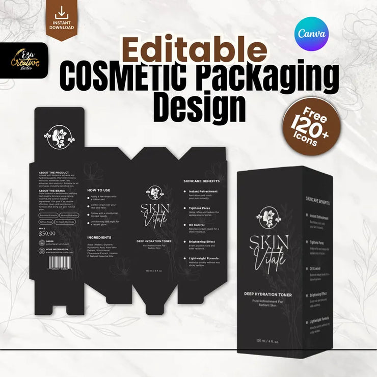 Editable Cosmetic Packaging Design Template | Skincare & Beauty Box Layout with Free 120+ Icons – Canva Instant Download