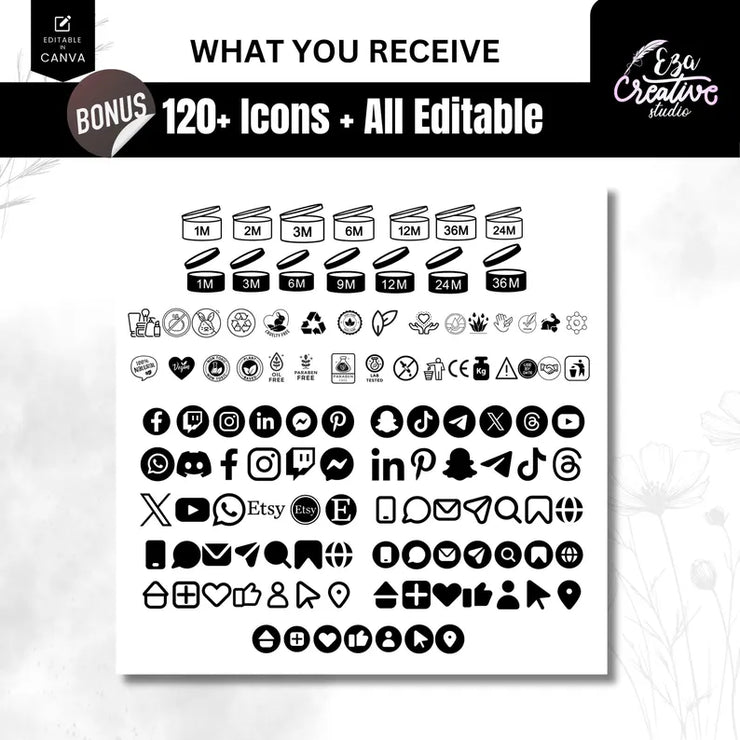 Editable Cosmetic Packaging Design Template | Skincare & Beauty Box Layout with Free 120+ Icons – Canva Instant Download