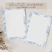 Elegant Blue Floral Printable Stationery Set – A4 & US Letter Size | Lined & Unlined Digital Writing Paper for Letters, Journals & Notes