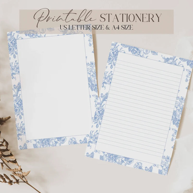 Elegant Blue Floral Printable Stationery Set – A4 & US Letter Size | Lined & Unlined Digital Writing Paper for Letters, Journals & Notes