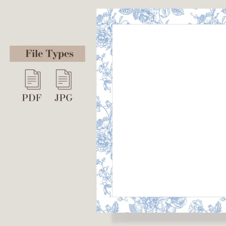 Elegant Blue Floral Printable Stationery Set – A4 & US Letter Size | Lined & Unlined Digital Writing Paper for Letters, Journals & Notes