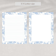 Elegant Blue Floral Printable Stationery Set – A4 & US Letter Size | Lined & Unlined Digital Writing Paper for Letters, Journals & Notes