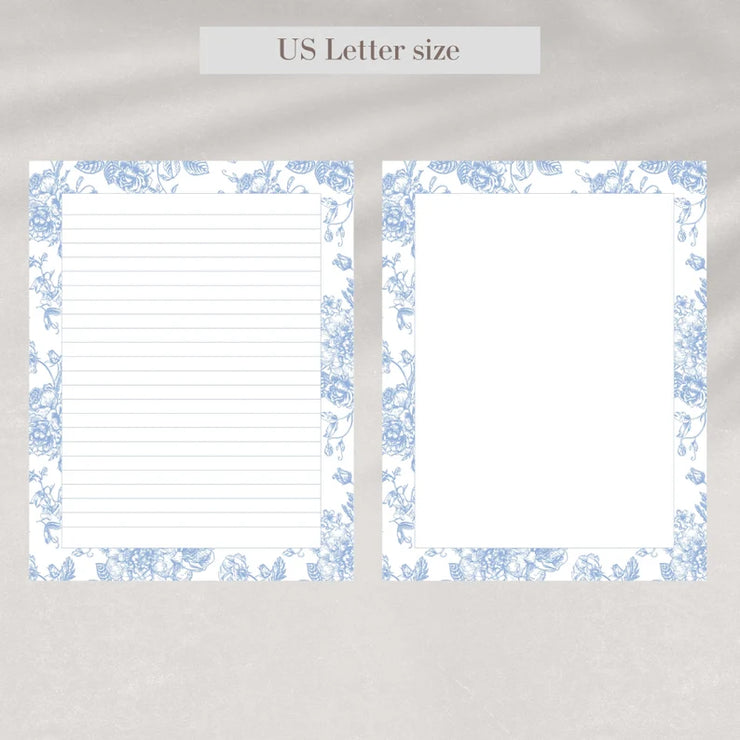 Elegant Blue Floral Printable Stationery Set – A4 & US Letter Size | Lined & Unlined Digital Writing Paper for Letters, Journals & Notes