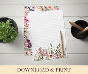 Printable Floral Stationery Paper Set – 8 Lined & 8 Unlined A4 Templates – Digital Download Writing Paper for Letters, Journals & Notes