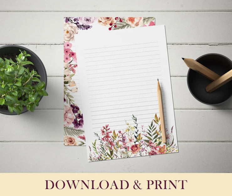 Printable Floral Stationery Paper Set – 8 Lined & 8 Unlined A4 Templates – Digital Download Writing Paper for Letters, Journals & Notes