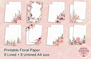 Printable Floral Stationery Paper Set – 8 Lined & 8 Unlined A4 Templates – Digital Download Writing Paper for Letters, Journals & Notes