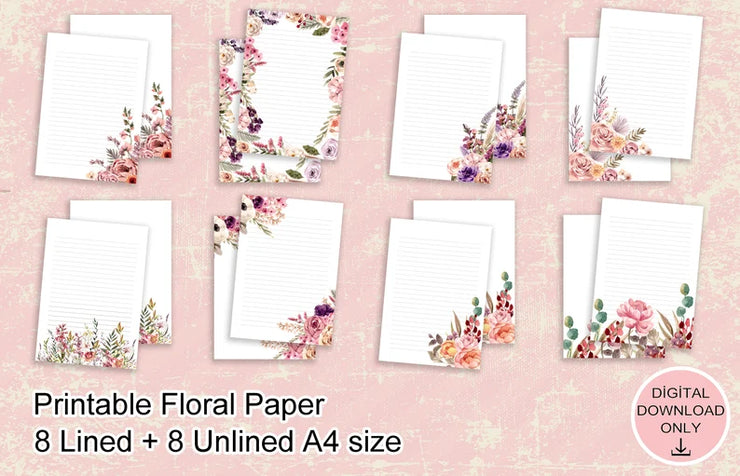 Printable Floral Stationery Paper Set – 8 Lined & 8 Unlined A4 Templates – Digital Download Writing Paper for Letters, Journals & Notes
