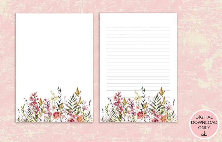 Printable Floral Stationery Paper Set – 8 Lined & 8 Unlined A4 Templates – Digital Download Writing Paper for Letters, Journals & Notes