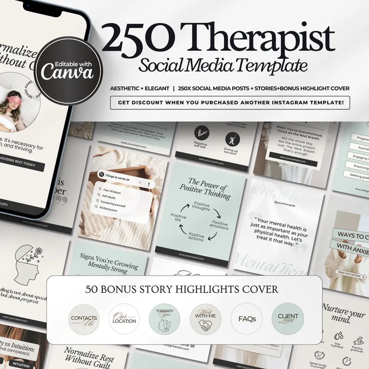 250 Therapist Social Media Templates – Editable Canva Bundle with Stories & Bonus Highlight Covers