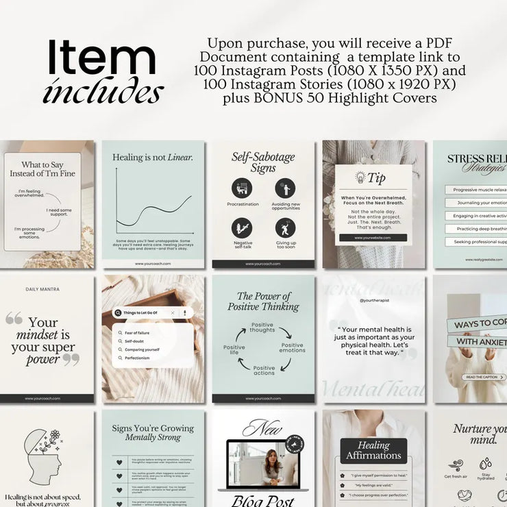 250 Therapist Social Media Templates – Editable Canva Bundle with Stories & Bonus Highlight Covers
